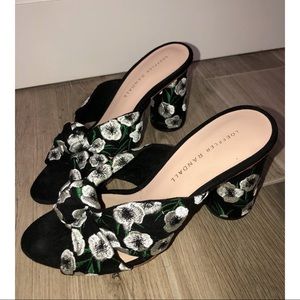 Loeffler Randall Black Floral Mule Heels with Knot